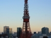 Tokyo tower au coucher du soleil avec un avion passant par là
